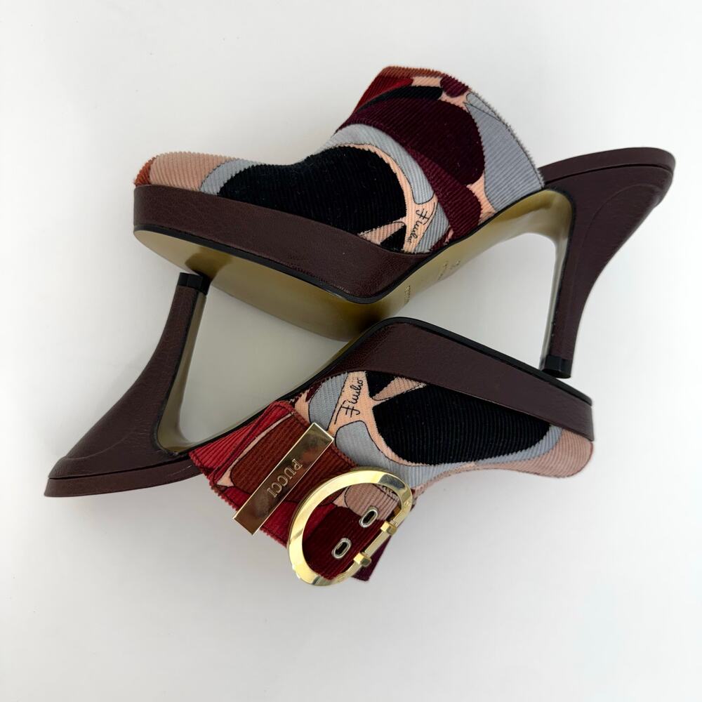 Emilio Pucci Firenze Multicolor Corduroy Platform Heeled Mules Shoes 36 (US 6) - Picture 9 of 15